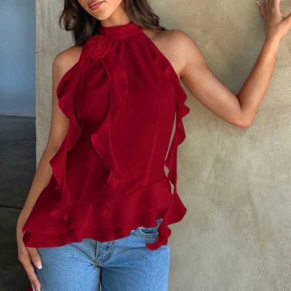 Red Casual Women's Ruched Floral 3d Decoration Halter Top - Picture 3 of 6